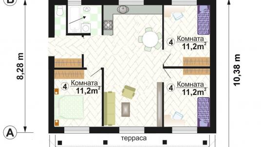 Проект одноэтажного дома 10х10 с тремя спальнями